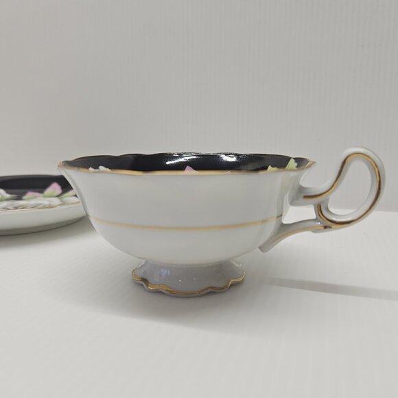 Cabbage Rose Black Hand Painted Teacup and Saucer American Beauty Occupied Japan - Picture 5 of 7
